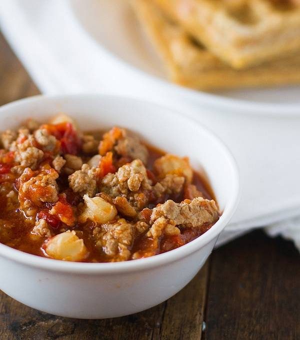 Chili in a white bowl.