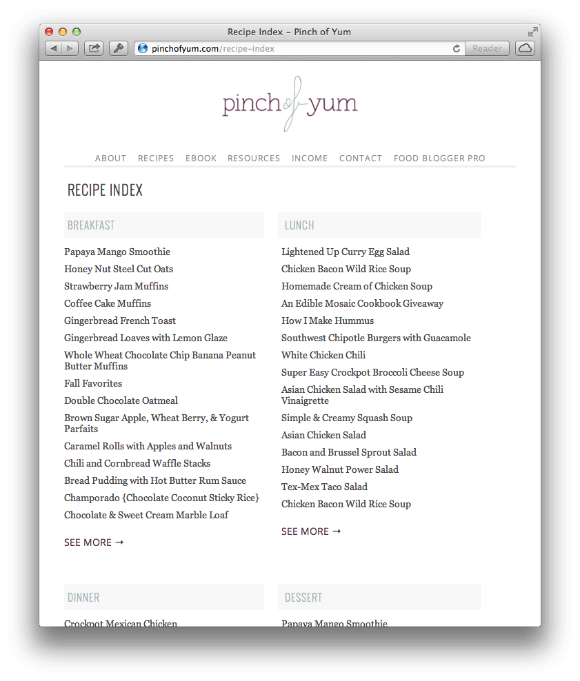 Pinch of Yum Recipes Index.