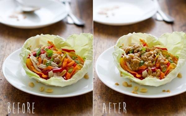 Thai chicken lettuce wraps before and after photos.