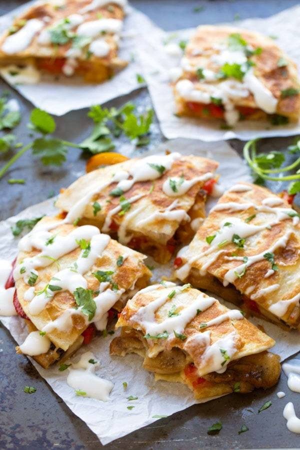 Smoked Gouda Mushroom Quesadillas cut into four pieces.