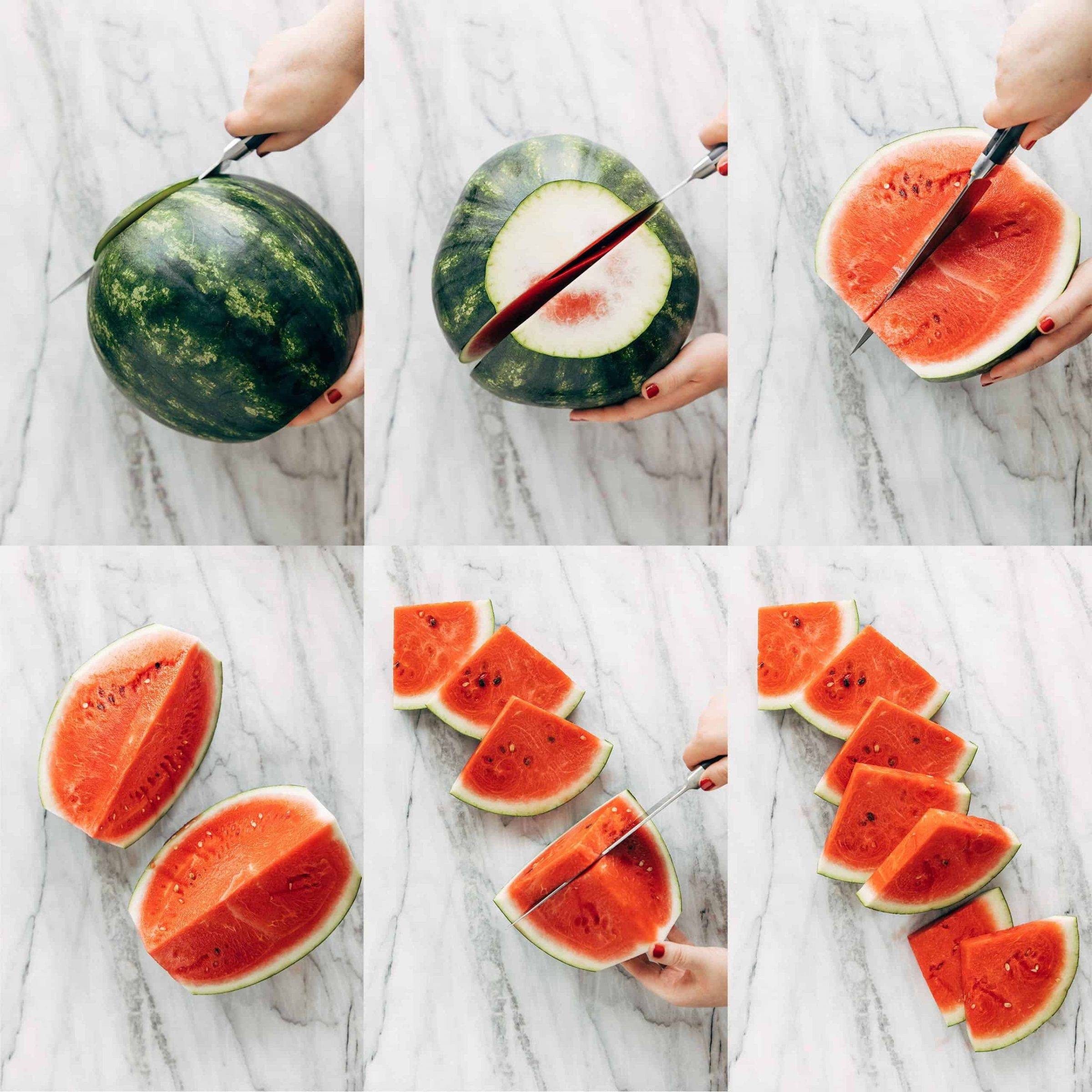 Collage showing how to cut a watermelon into triangles. 