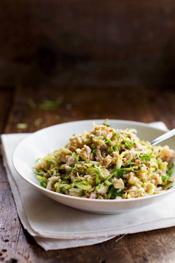 Brussels Sprout Salad in a white bowl.