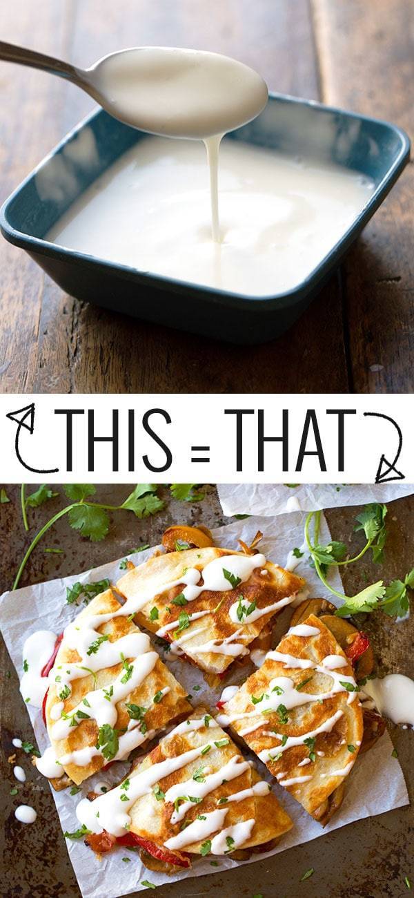 Creamy sauce in a bowl and drizzled on quesadillas.