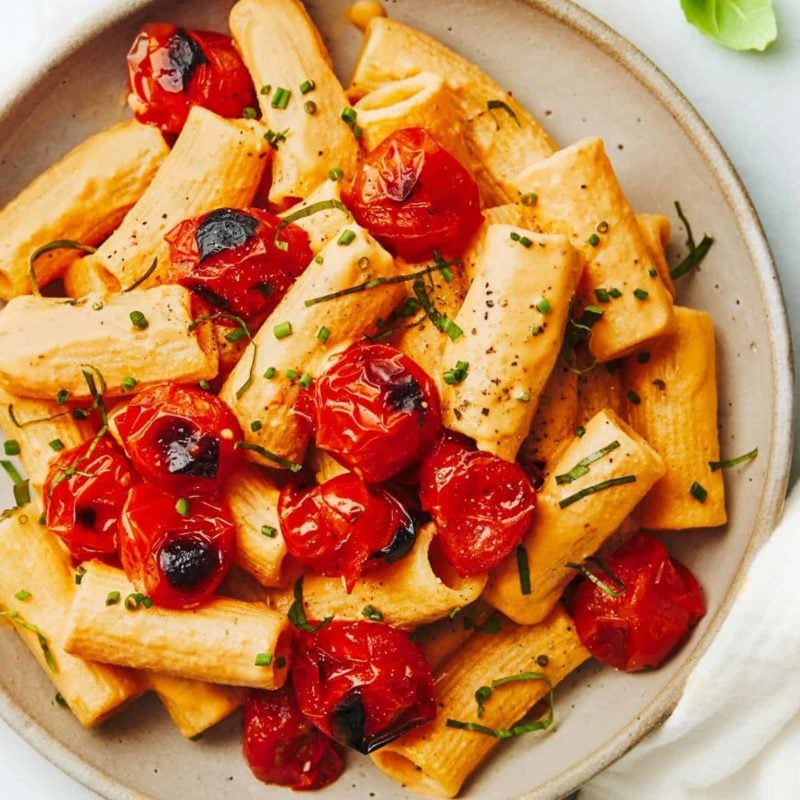A picture of Creamy Vegan Red Pepper Pasta with Blistered Tomatoes