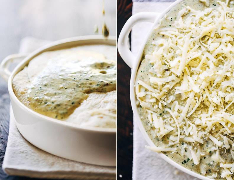 Chicken Enchilada Casserole in a dish and topped with cheese.